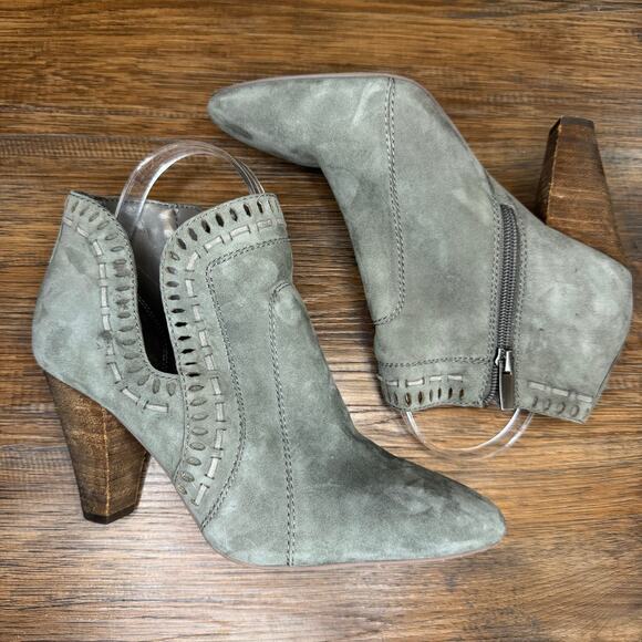 Vince Camuto Reeista size 7.5 gray suede block ankle booties almond toe cut out - Picture 4 of 13